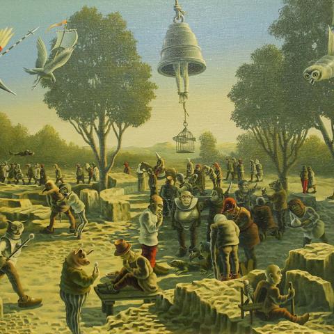 «Добрый пастырь». 40х60. Холст, масло. «Не только фантасмагорический взгляд самих персонажей, изобильно наполняющих пространство картины, но и «реальный выход» за её пределы»