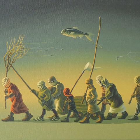 «Поводыри». 35х45. Холст, масло. «Театральная процессия с замотанными головами… Ну что с них взять?»