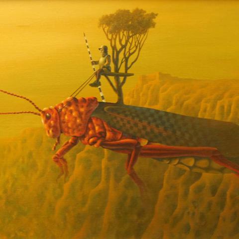 «Странный всадник». 40х60. Холст, масло. «Символ быстрого уничтожения органической красоты мира – саранча. И только умелый наездник в состоянии спасти красоту этого мира»