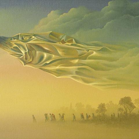 «Золотая конструкция». 35х50. Холст, масло. «Вдохновленный древнегреческой эзоповской притчей о сойке – священной золотой птице»