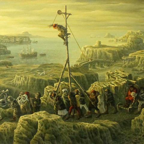 «Двенадцать баранов». 50х30. Холст, масло. 2017. «Ложь – она пропитывает все вокруг: цвет и запах, любовь и раскаяние, надежду и безысходность, откровение и дипломатию. Она всесильна – «Её Величество Ложь». Она бессмертна и прославляема в веках, могучая и чудовищная ложь всесильна, пока не воссияла Звезда над Назаретом!»