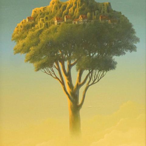 «У подножия гор». 40х30. Холст, масло. «Ассоциация могучей кроны дерева со скалами и горами»