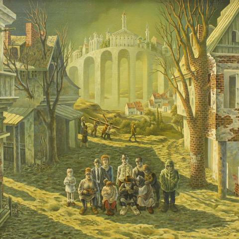 «Семейный портрет». 60х80. Холст, масло. 2012. «Все кажется привычным, изо дня в день протекает жизнь, но лишь до того момента, когда в мозгу происходит вспышка осознания действительности бытия! Всё устоявшееся, повседневное приобретает подчас фантасмагоричные и уродливые формы»