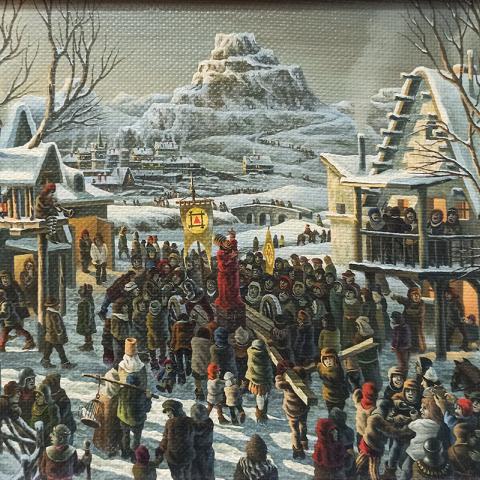 «Начало последствий». 30х20. Холст, масло. 2015. «Толпа зачастую страшное и одновременно комическое зрелище. Все зависит от вашей позиции, ваших убеждений, вашей Веры. И нет более изощренной лжи, чем призыв к борьбе»