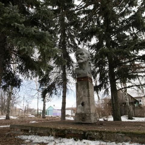 У бюста в Никольском стоят «охранники» — хвойные деревья.