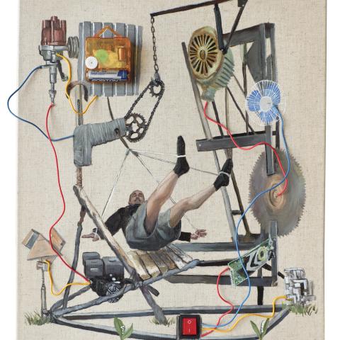 «Механизм поглощения бессмысленности», 40х50, холст, акрил, масло, выключатель, часовой механизм, провода. Д. Кудряшов